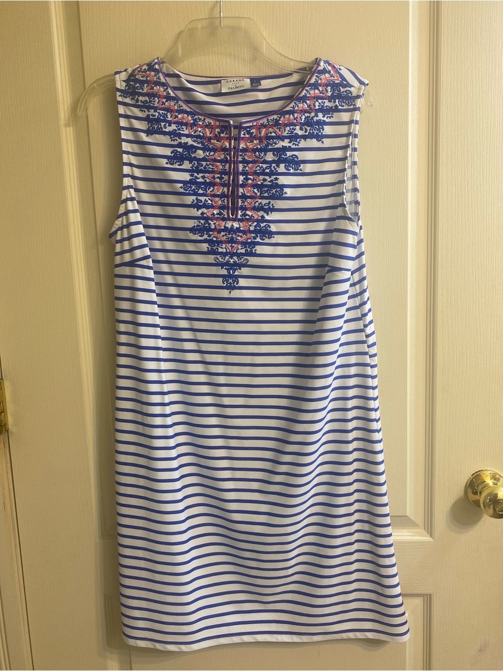 Talbots Cabana Blue and White Striped Sleeveless Shift with Pink-Blue Embroidery